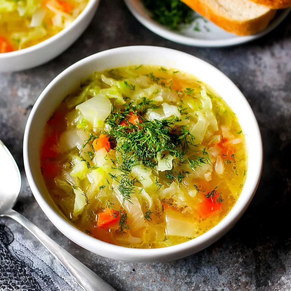 Bowl of easy cabbage soup with dill, a traditional Polish recipe
