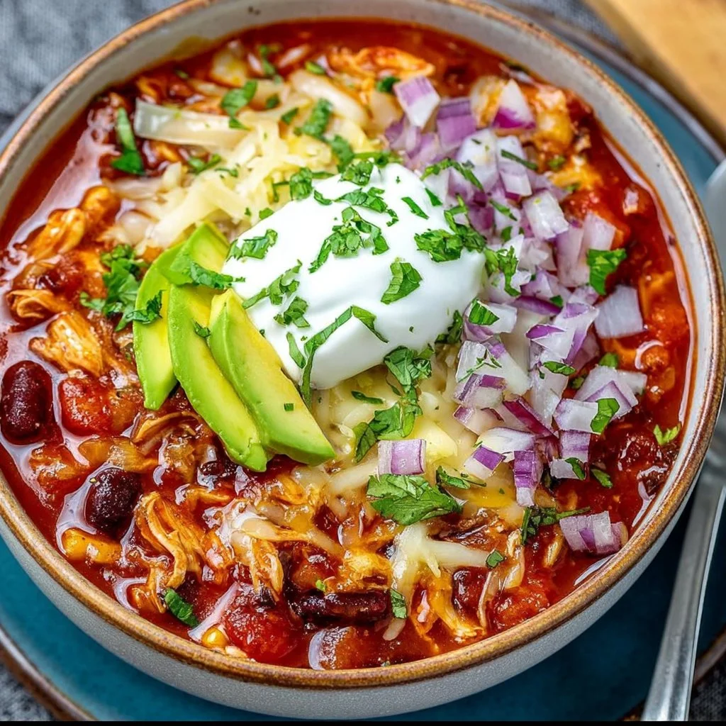 Bowl of easy chicken chili garnished with cilantro and served with cornbread