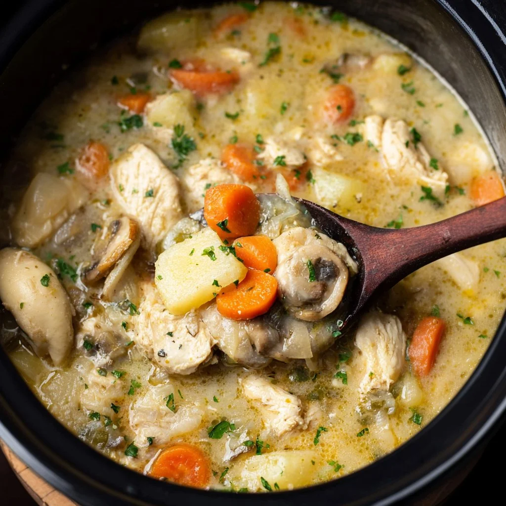 A bowl of hearty chicken stew with vegetables and herbs