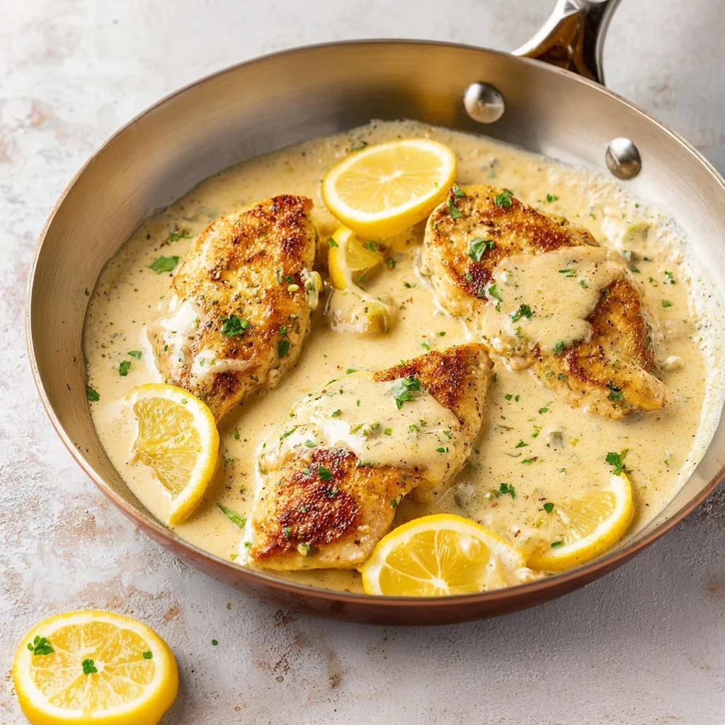 Easy creamy lemon chicken served on a plate with herbs
