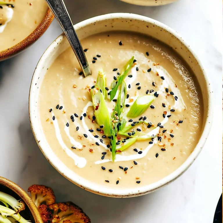 Bowl of sesame ginger roasted cauliflower soup garnished with herbs
