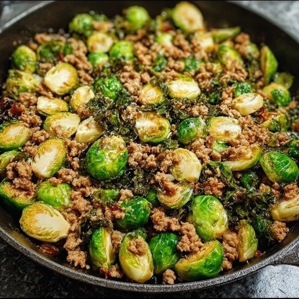 Brussels sprouts skillet with ground turkey and vegetables for a healthy meal.