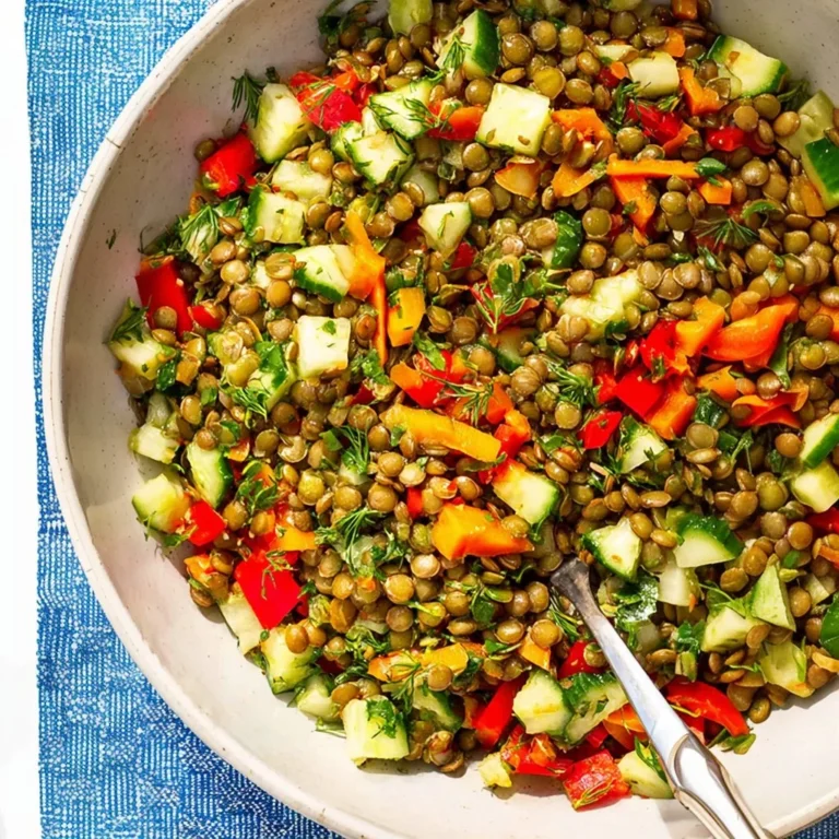 Colorful French Lentil Salad with cucumber, bell pepper, and fresh herbs on a plate