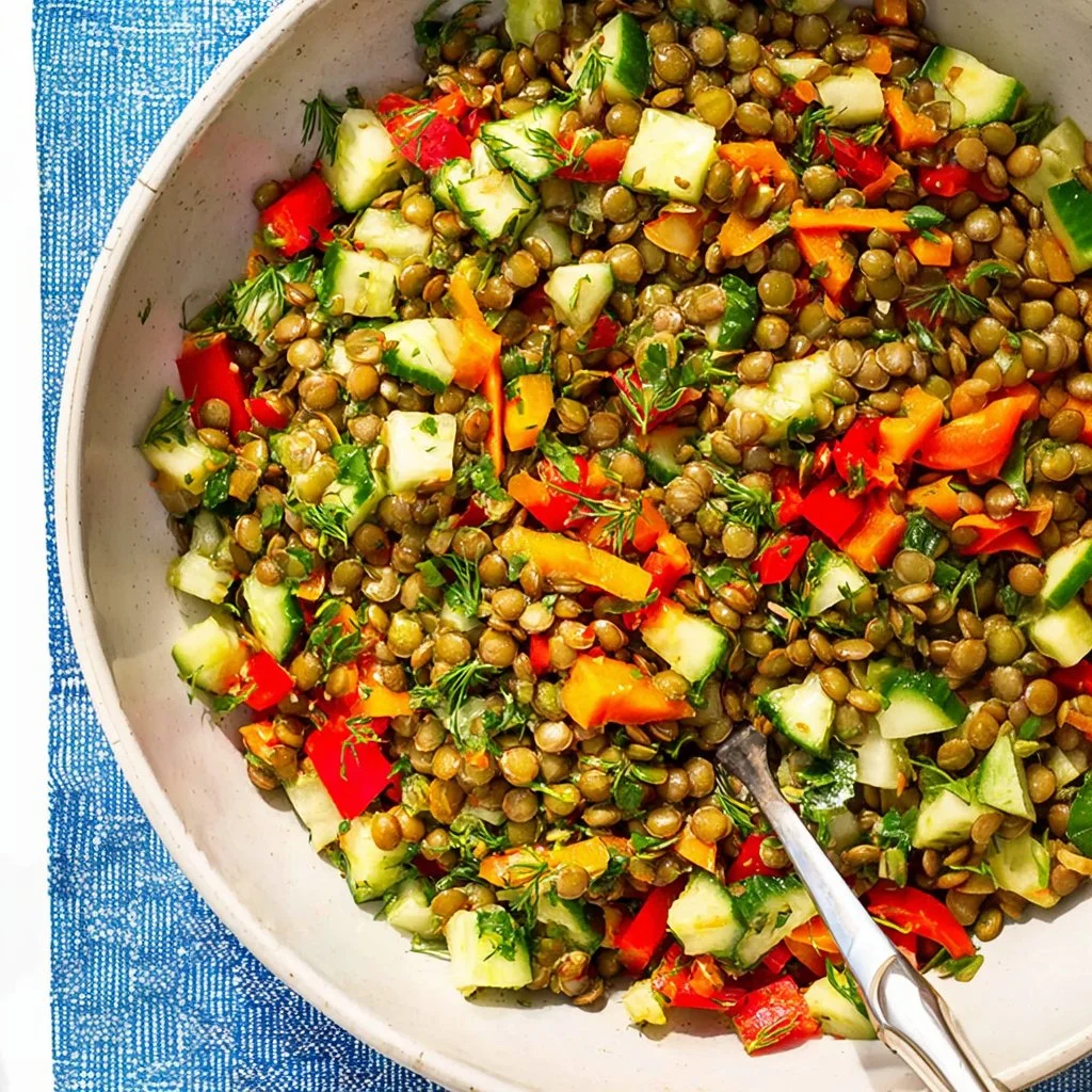 Colorful French Lentil Salad with cucumber, bell pepper, and fresh herbs on a plate