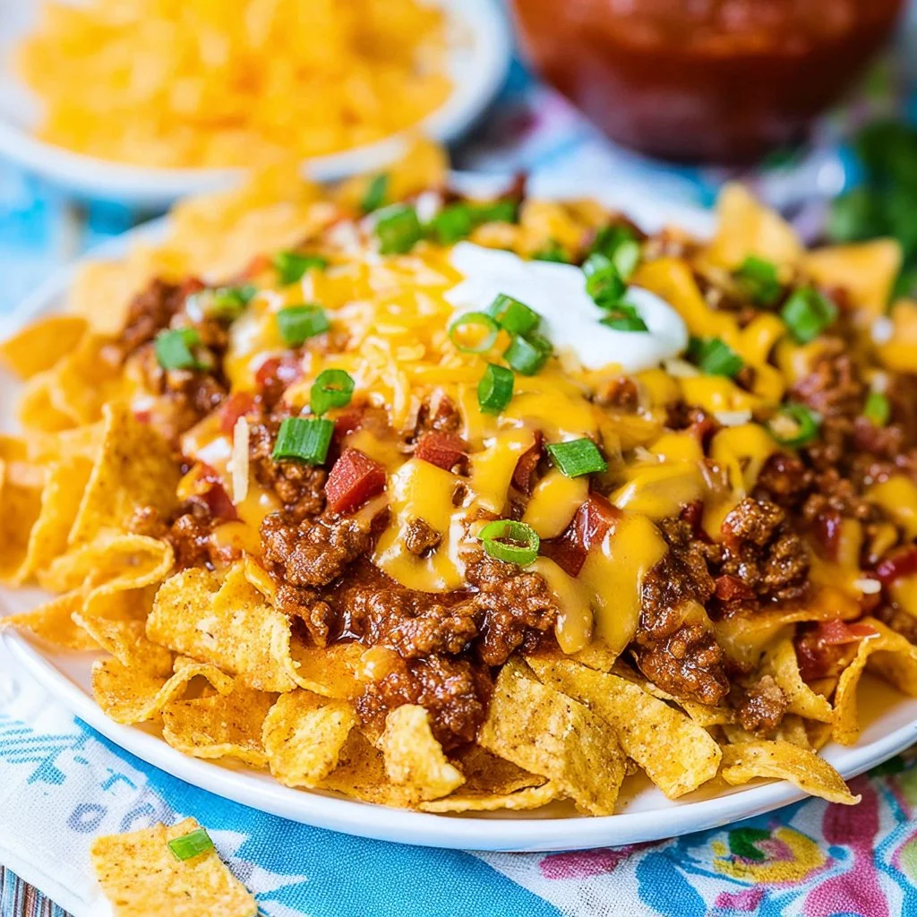 Bowl of Frito Chili Pie topped with cheese and jalapeños