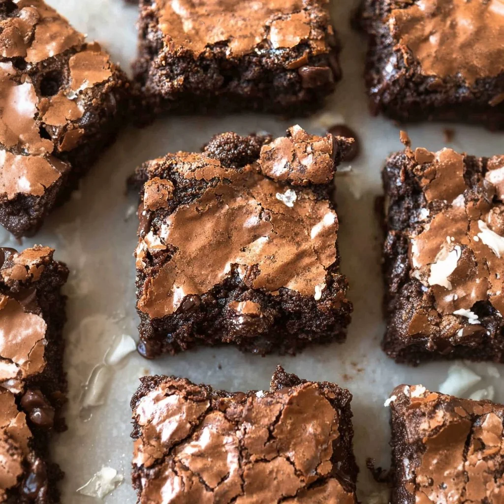 Fudgy vegan brownies on a wooden plate topped with chocolate chips