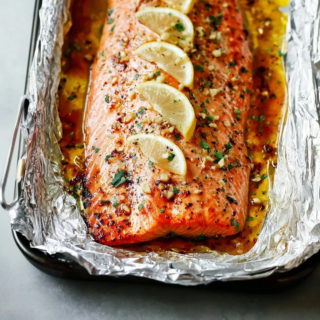 Garlic Butter Baked Salmon in foil packet ready to serve with vegetables.