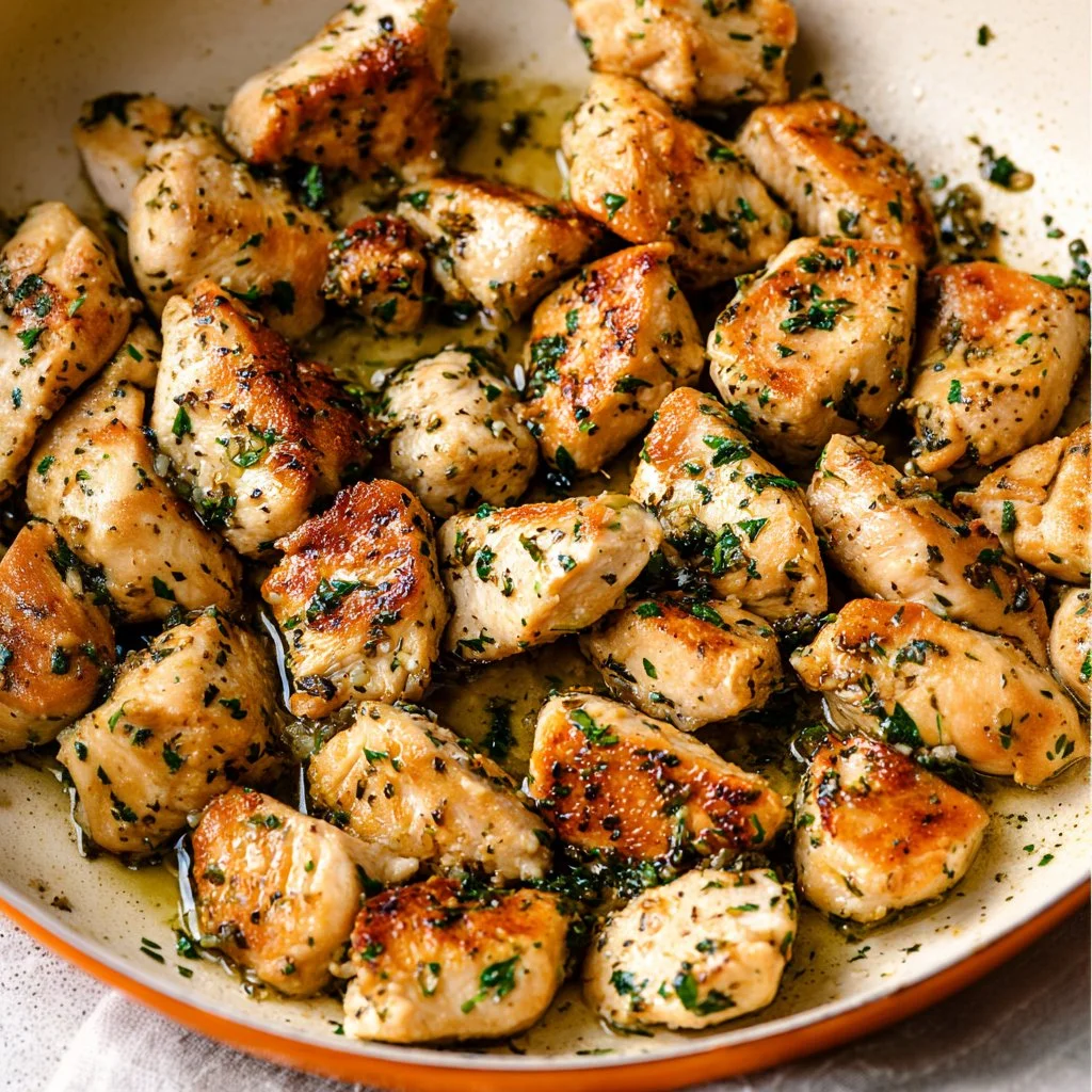 Skillet-seared Garlic Butter Chicken Bites cooked in a skillet.
