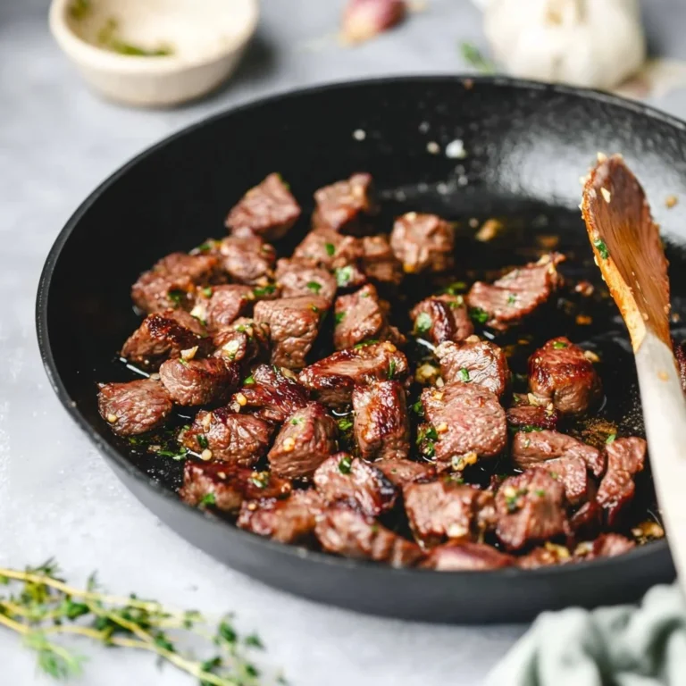 Garlic butter steak bites served on a plate with herbs