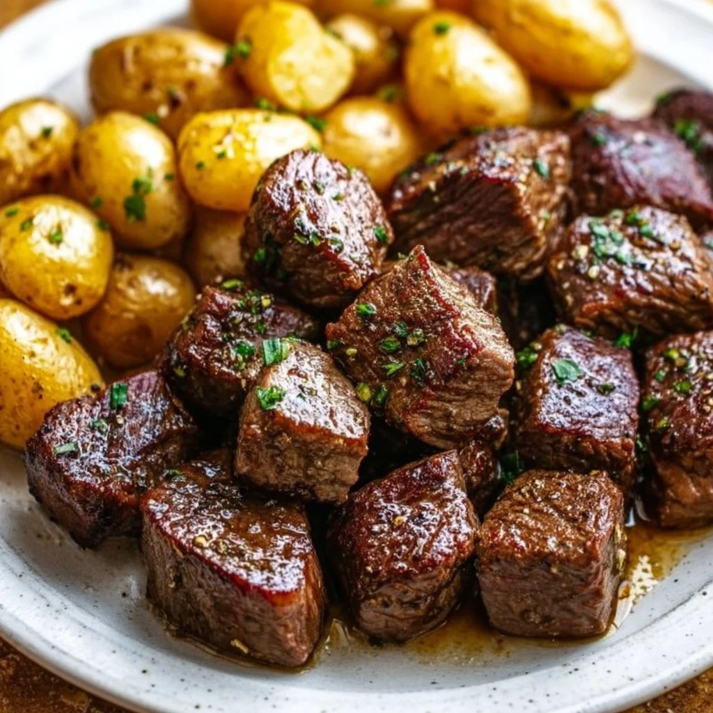 Plate of Garlic Steak Bites served with roasted potatoes