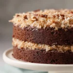 Delicious German chocolate cake topped with rich frosting.