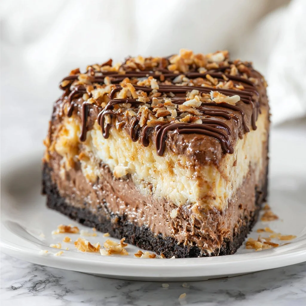Delicious slice of German Chocolate Cheesecake topped with coconut and pecans
