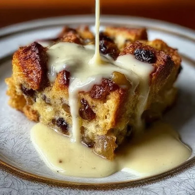 Grandma's old-fashioned bread pudding drizzled with vanilla sauce on a plate.