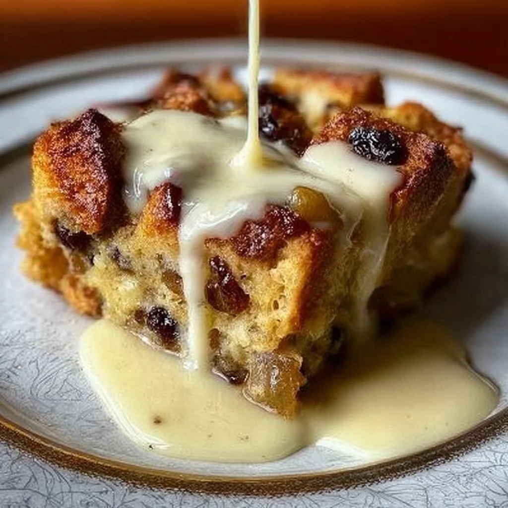 Grandma's old-fashioned bread pudding drizzled with vanilla sauce on a plate.