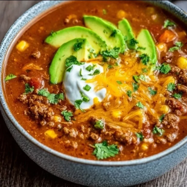 Bowl of hearty ground beef enchilada soup topped with cheese and cilantro