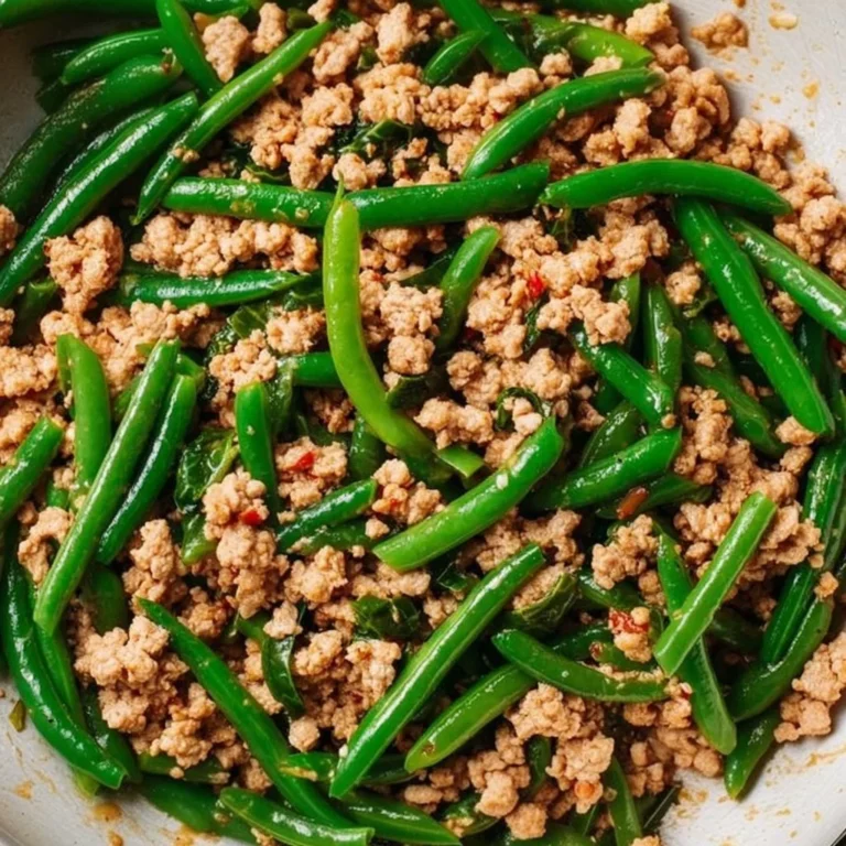 Ground turkey with green beans served in a healthy dish
