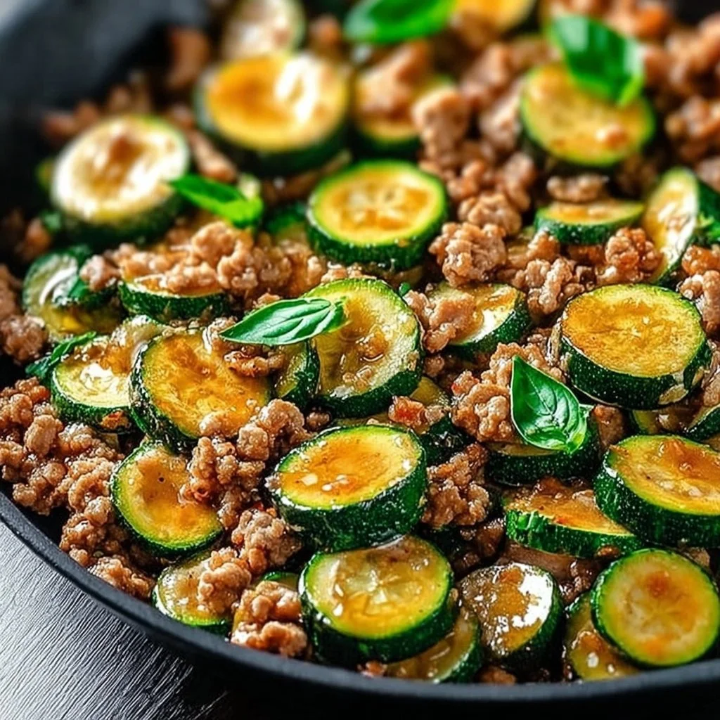 Ground turkey and zucchini skillet served in a colorful bowl