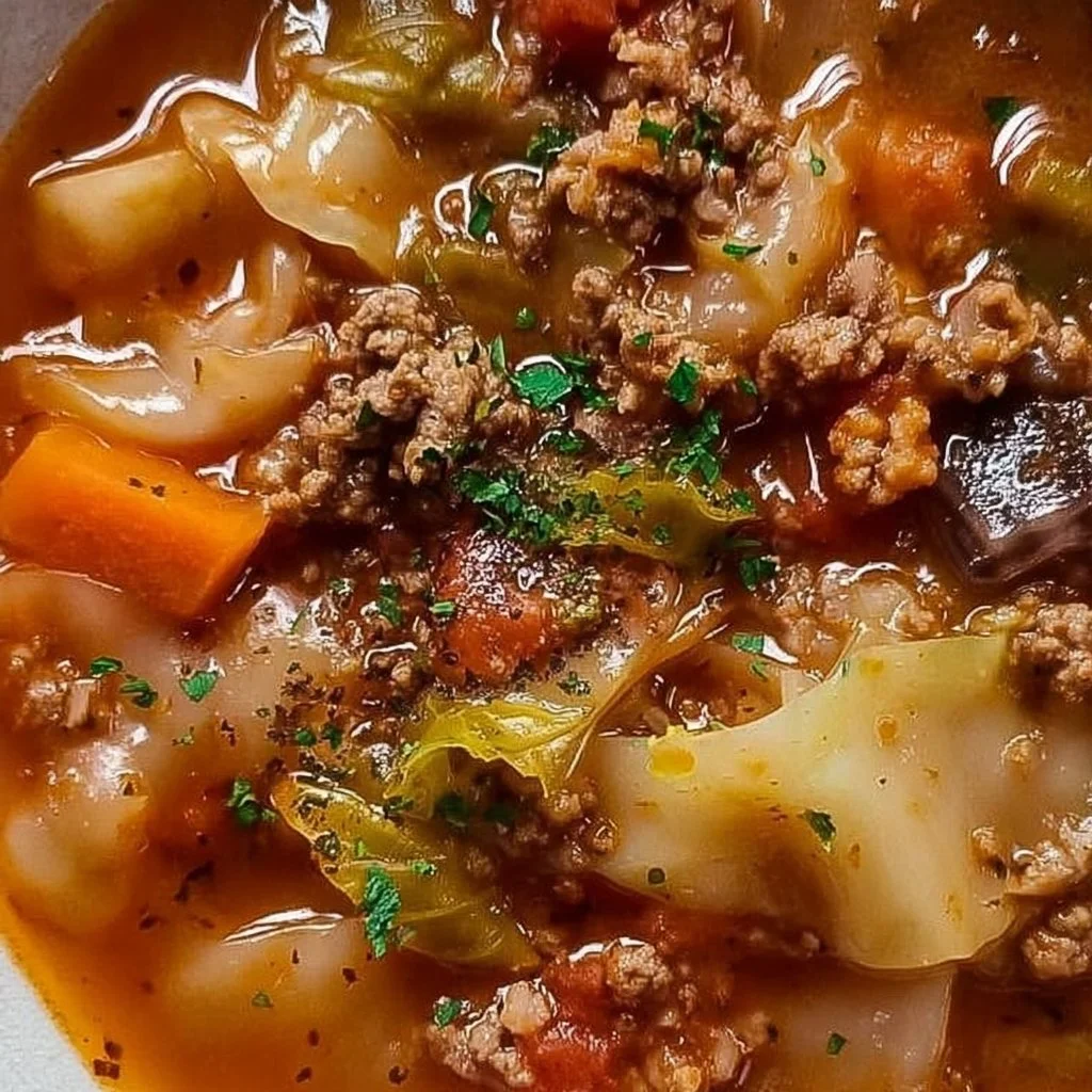 Hearty cabbage soup with ground beef served in a bowl