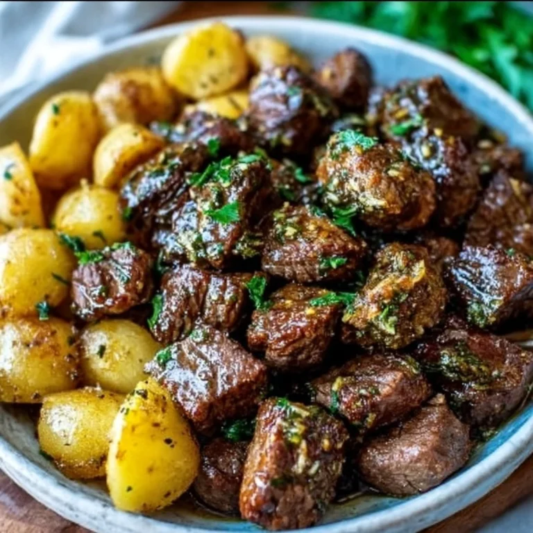 High protein slow cooker garlic butter beef bites served in a cozy dish