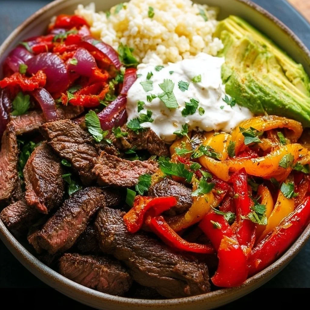 Delicious high protein steak fajita bowl with colorful vegetables and spices