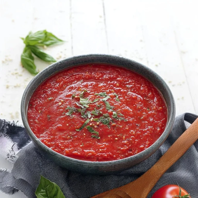A bowl of homemade marinara sauce made from fresh tomatoes and herbs.