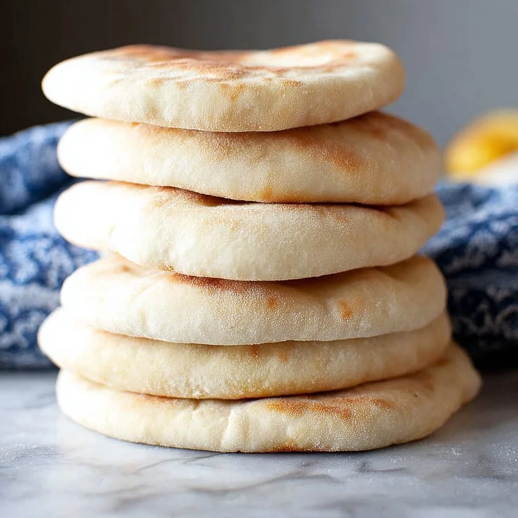 Freshly baked homemade pita bread on a wooden table