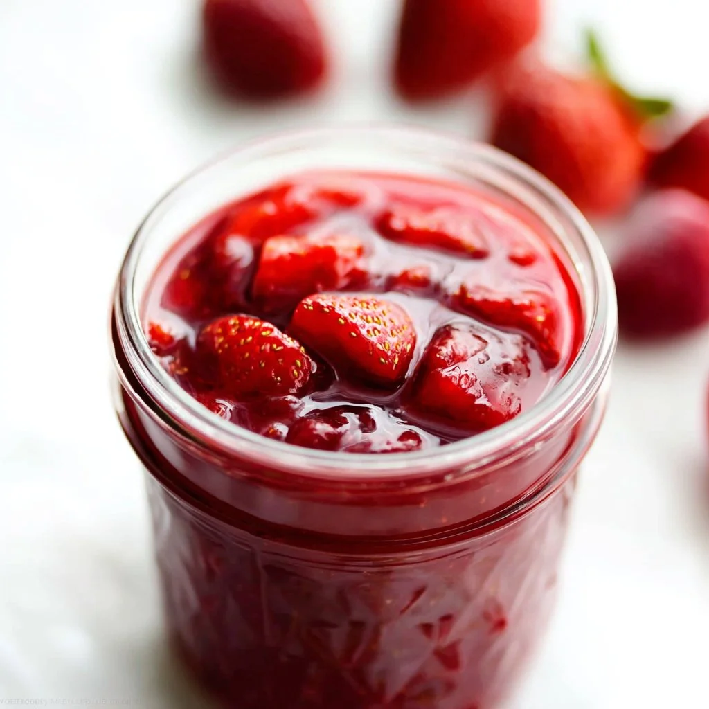 Homemade strawberry sauce drizzled over vanilla ice cream