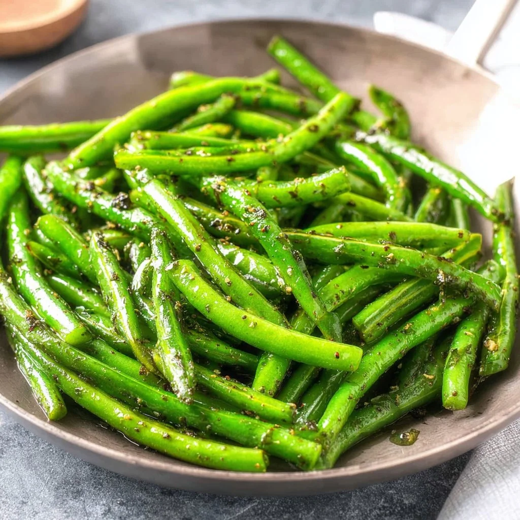 Freshly cooked green beans served on a plate.