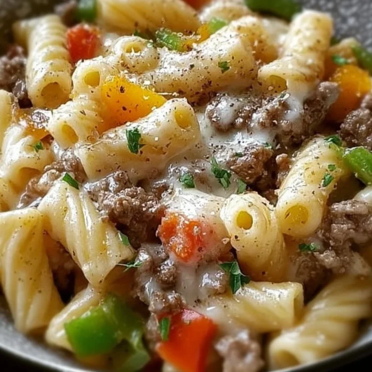 A delicious plate of Philly Cheese Steak Pasta with melted cheese and tender steak.