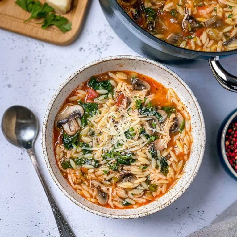 Bowl of Lemon and Parmesan Chicken Orzo Soup topped with herbs.