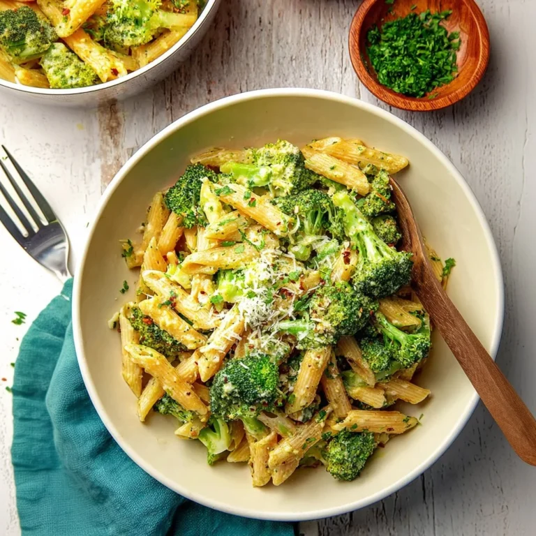 A bowl of Lemon Broccoli Pasta garnished with lemon slices and broccoli florets.