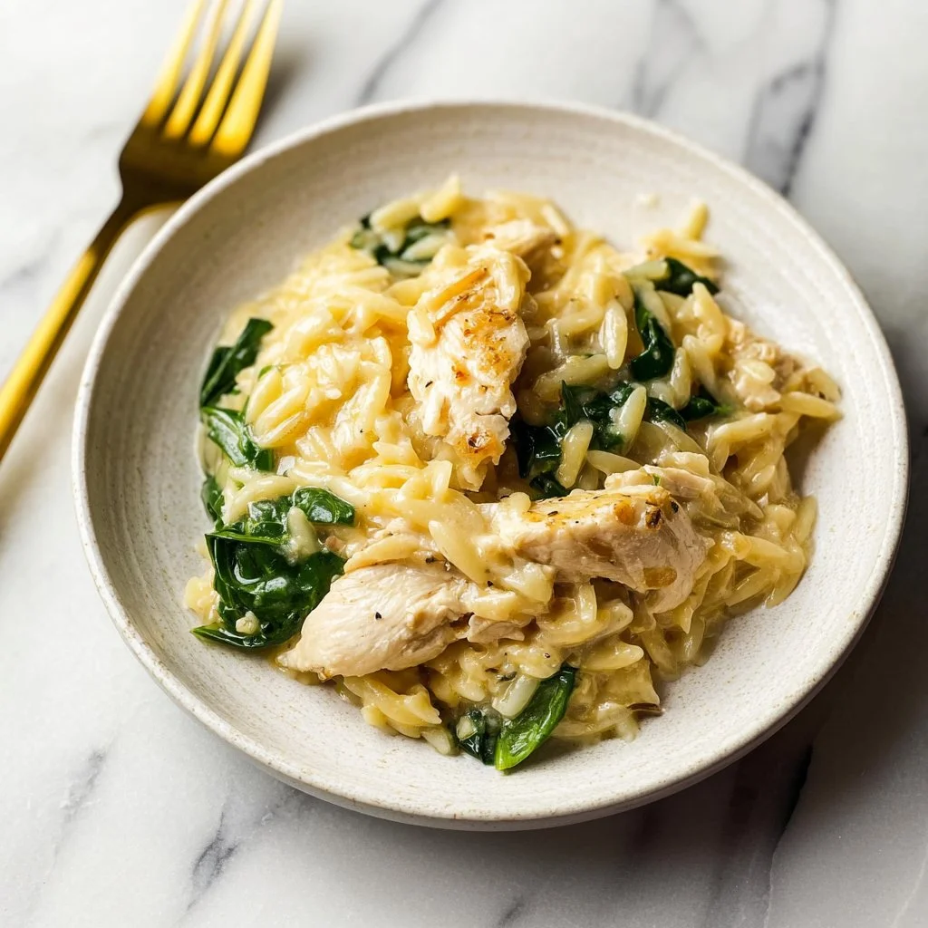 Bowl of Lemon Chicken Orzo with fresh herbs and lemon slices