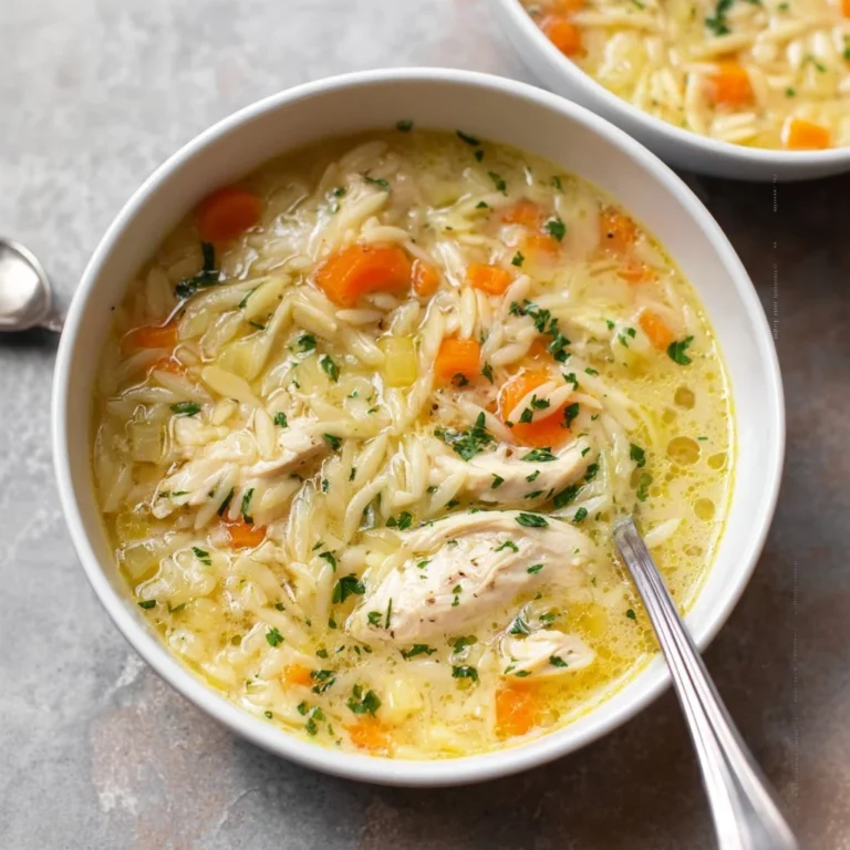 Bowl of Lemon Chicken Orzo Soup garnished with fresh herbs