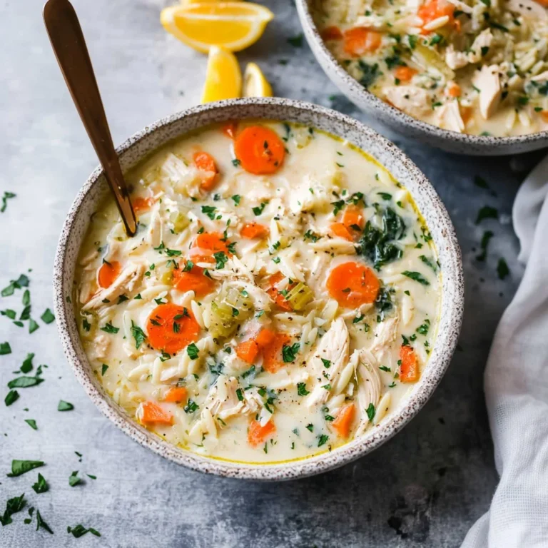 Bowl of Lemon Chicken Orzo Soup with fresh herbs and lemon slices