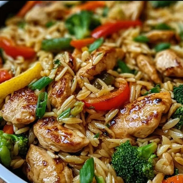Lemon Chicken & Veggie Orzo Stir Fry with fresh herbs and vibrant vegetables