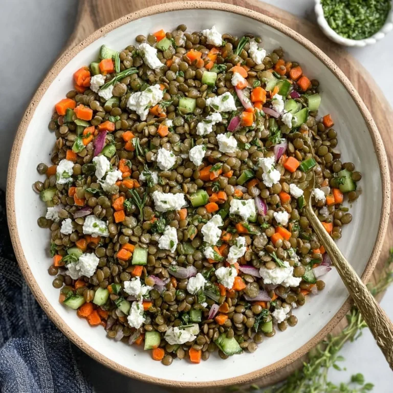 A vibrant Lentil Salad with fresh vegetables and herbs in a bowl.