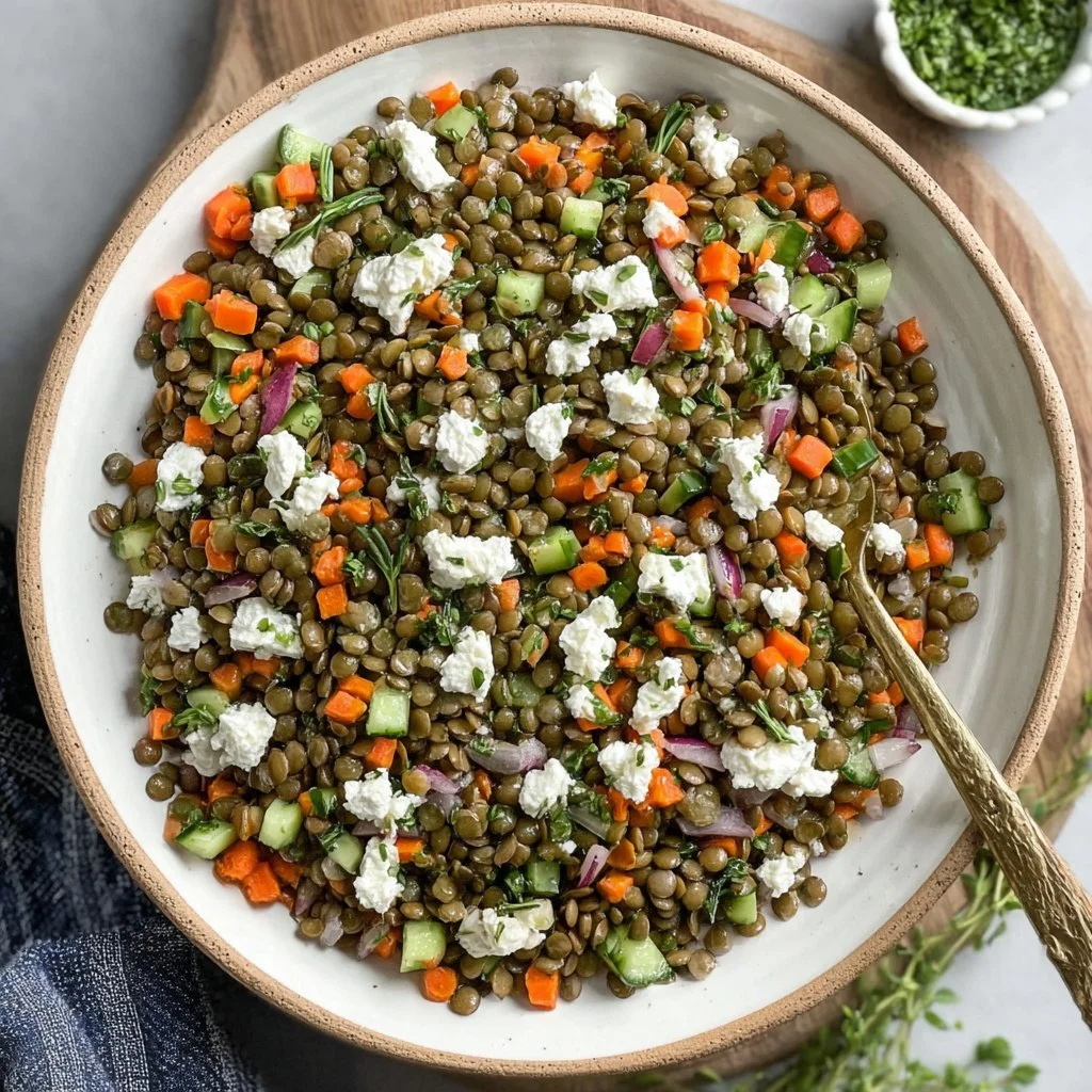 A vibrant Lentil Salad with fresh vegetables and herbs in a bowl.