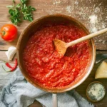 Delicious homemade marinara sauce in a bowl with fresh ingredients.