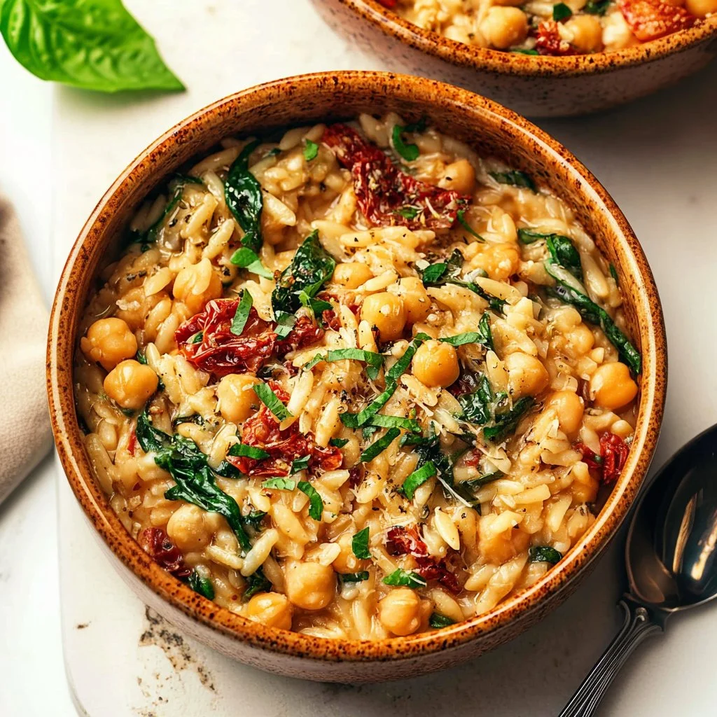 Marry Me Chickpeas and Orzo dish with garnishes.