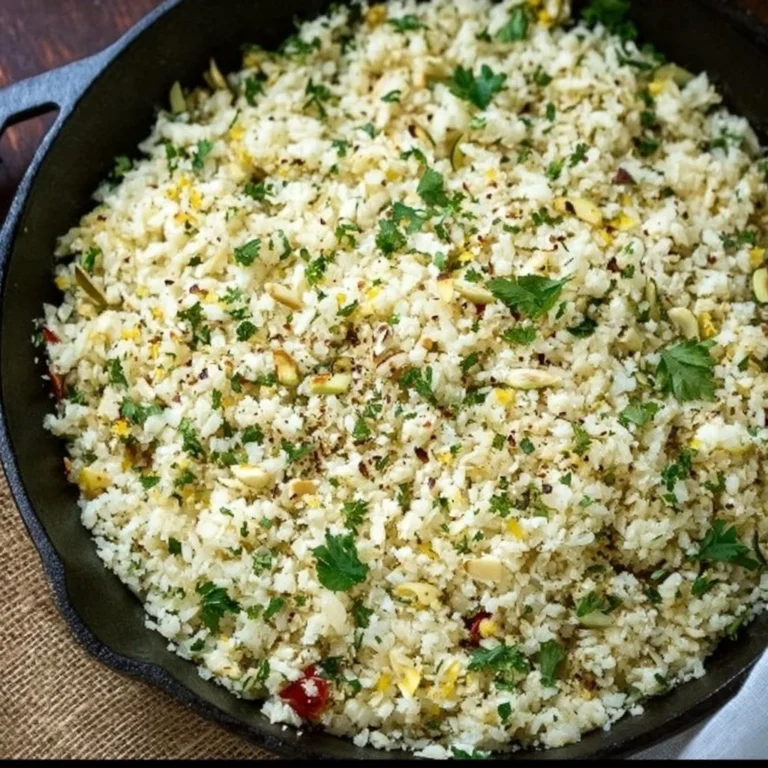 Bowl of Mediterranean Cauliflower Rice with fresh vegetables and herbs