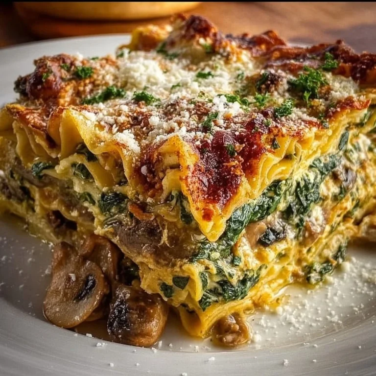 Mushroom and spinach lasagna served in a baking dish