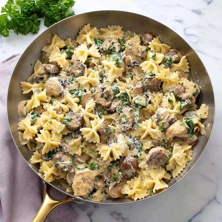 Delicious Mushroom Chicken Pasta topped with fresh herbs and parmesan