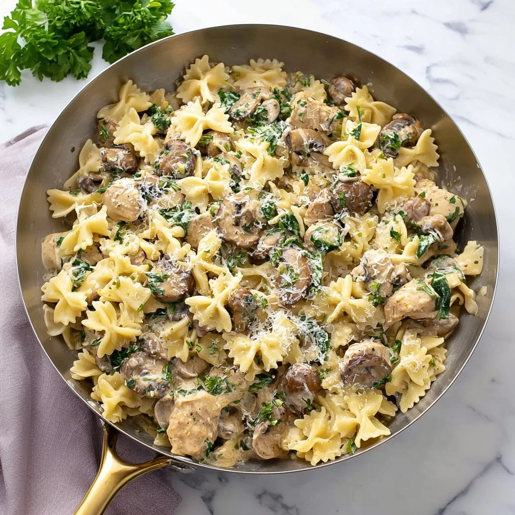 Delicious Mushroom Chicken Pasta topped with fresh herbs and parmesan
