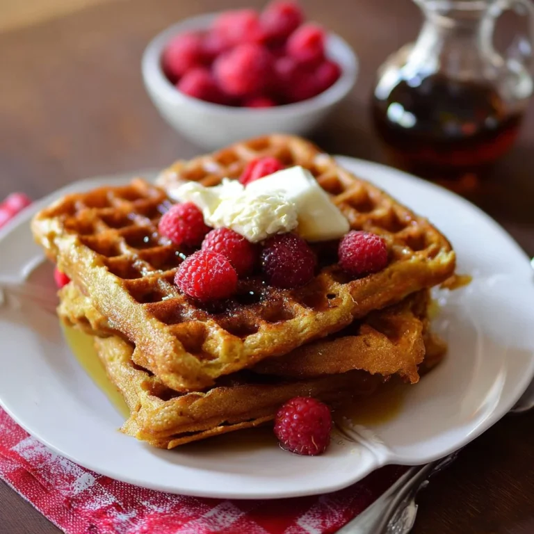 Golden buttermilk waffles topped with fresh berries and syrup