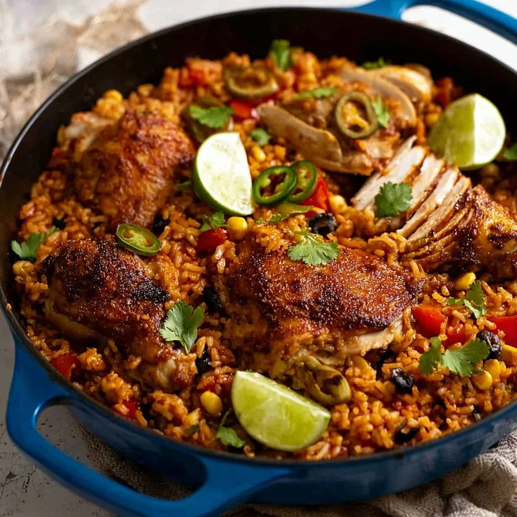 One Pan Mexican Chicken and Rice dish served on a dinner plate