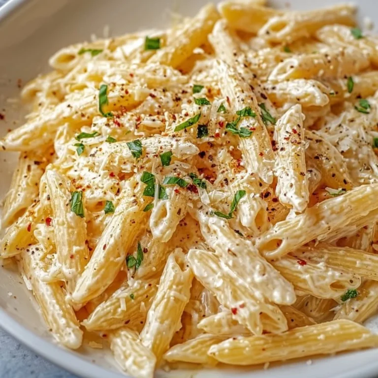 One pot creamy garlic pasta dish garnished with herbs and parmesan cheese