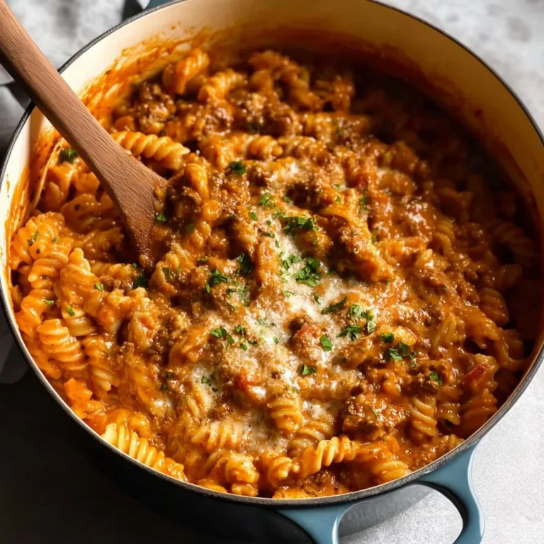 One Pot Creamy Tomato Beef Pasta in a bowl garnished with parsley