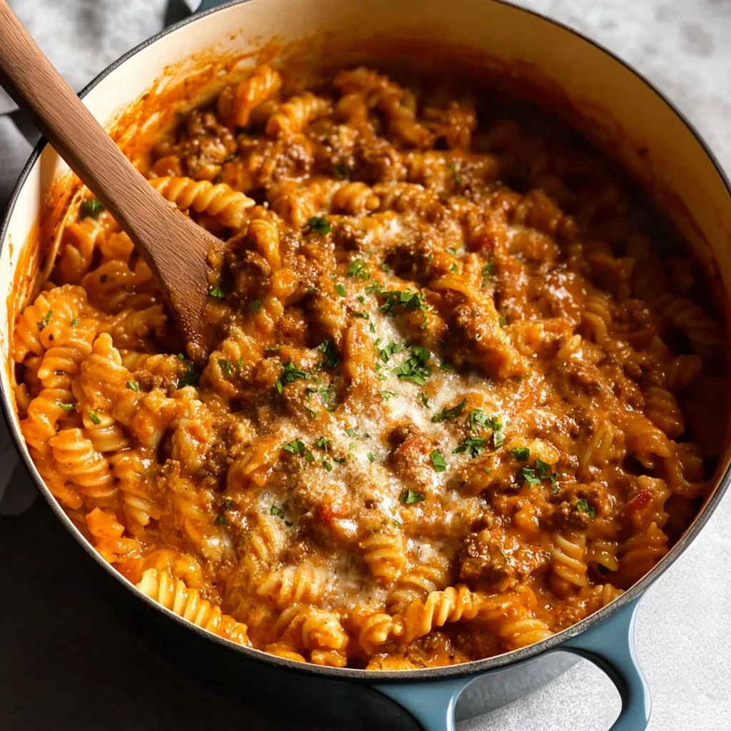 One Pot Creamy Tomato Beef Pasta in a bowl garnished with parsley