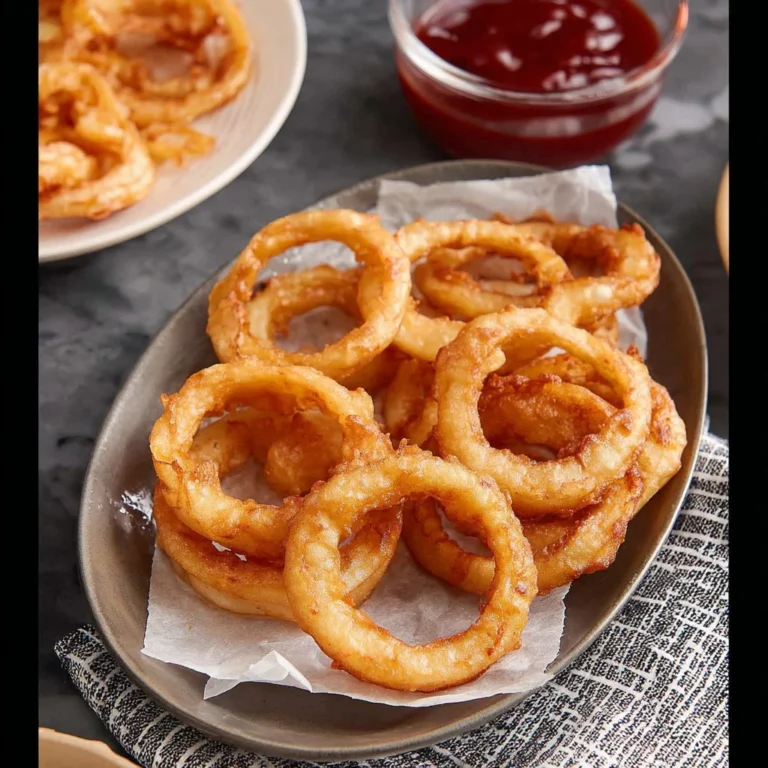 Crispy golden fried onion rings served on a plate.