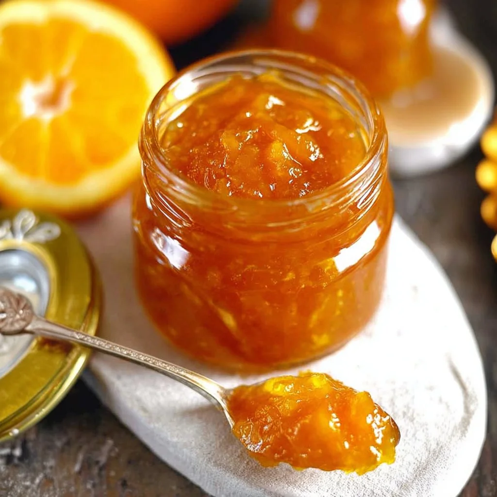 Homemade orange marmalade in a jar with fresh oranges